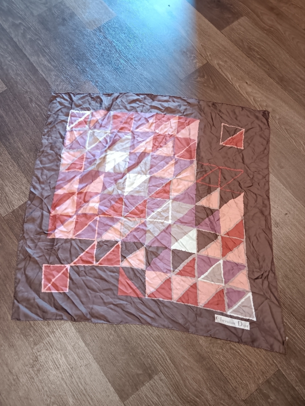 Vintage 90s Dior Brown Pink Red Geometric Silk Scarf